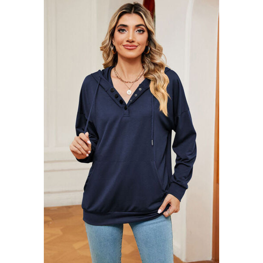 Drawstring Quarter Snap Dropped Shoulder Hoodie Navy / S Apparel and Accessories