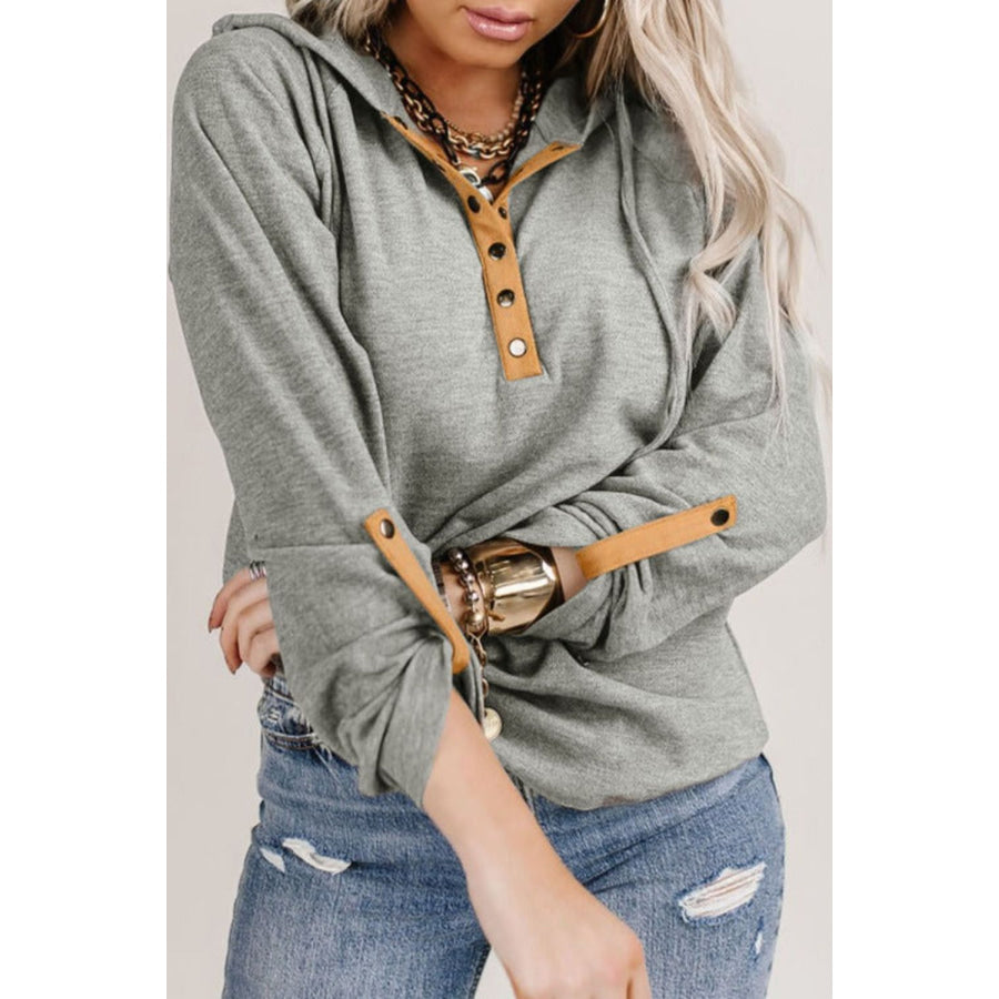 Drawstring Quarter Snap Long Sleeve Hoodie Gray / S Apparel and Accessories