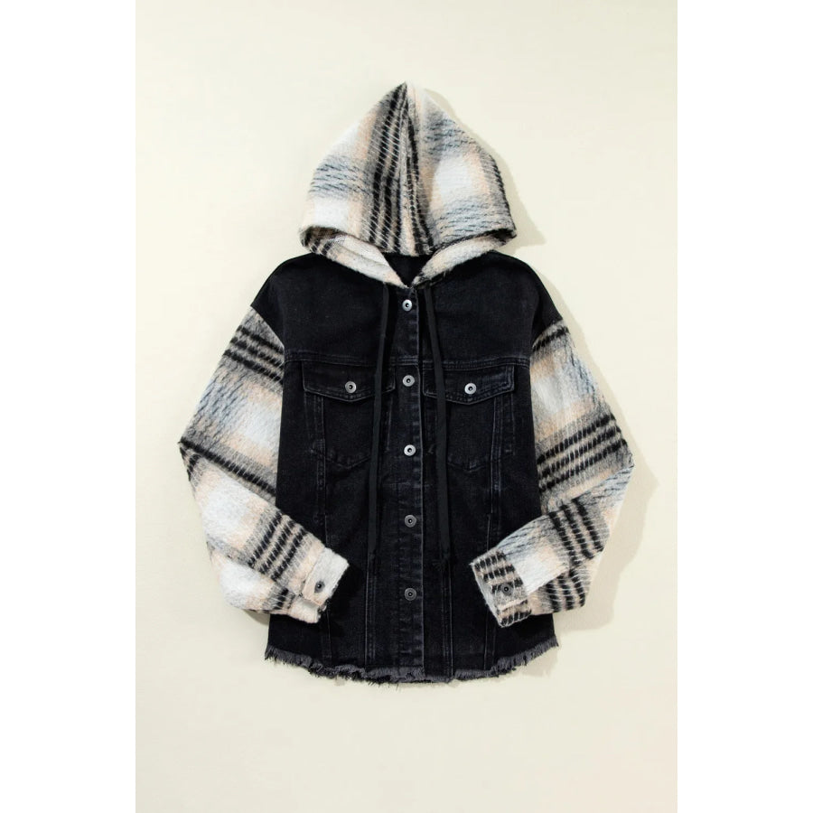 Drawstring Raw Hem Button Up Hooded Denim Jacket Apparel and Accessories