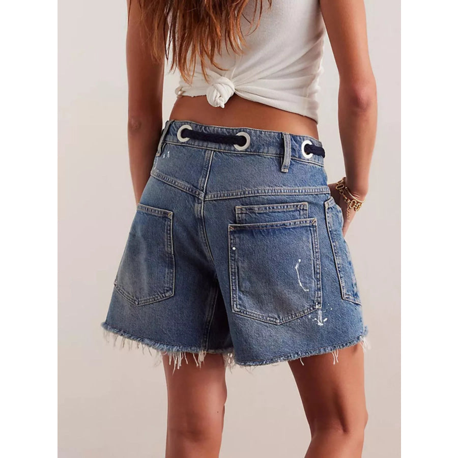 Drawstring Raw Hem Denim Shorts Apparel and Accessories