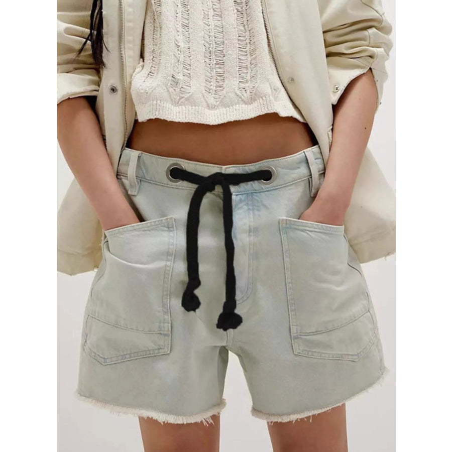Drawstring Raw Hem Denim Shorts Apparel and Accessories