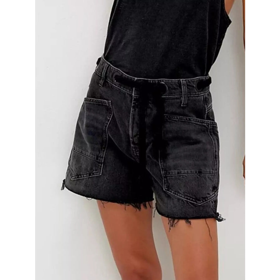 Drawstring Raw Hem Denim Shorts Apparel and Accessories