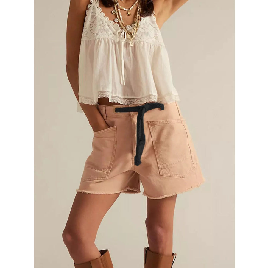 Drawstring Raw Hem Denim Shorts Apparel and Accessories