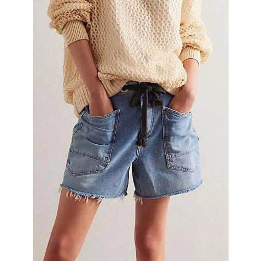 Drawstring Raw Hem Denim Shorts Apparel and Accessories