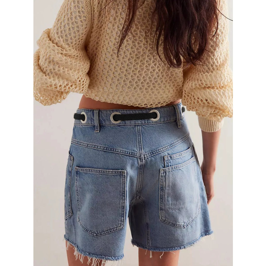 Drawstring Raw Hem Denim Shorts Apparel and Accessories