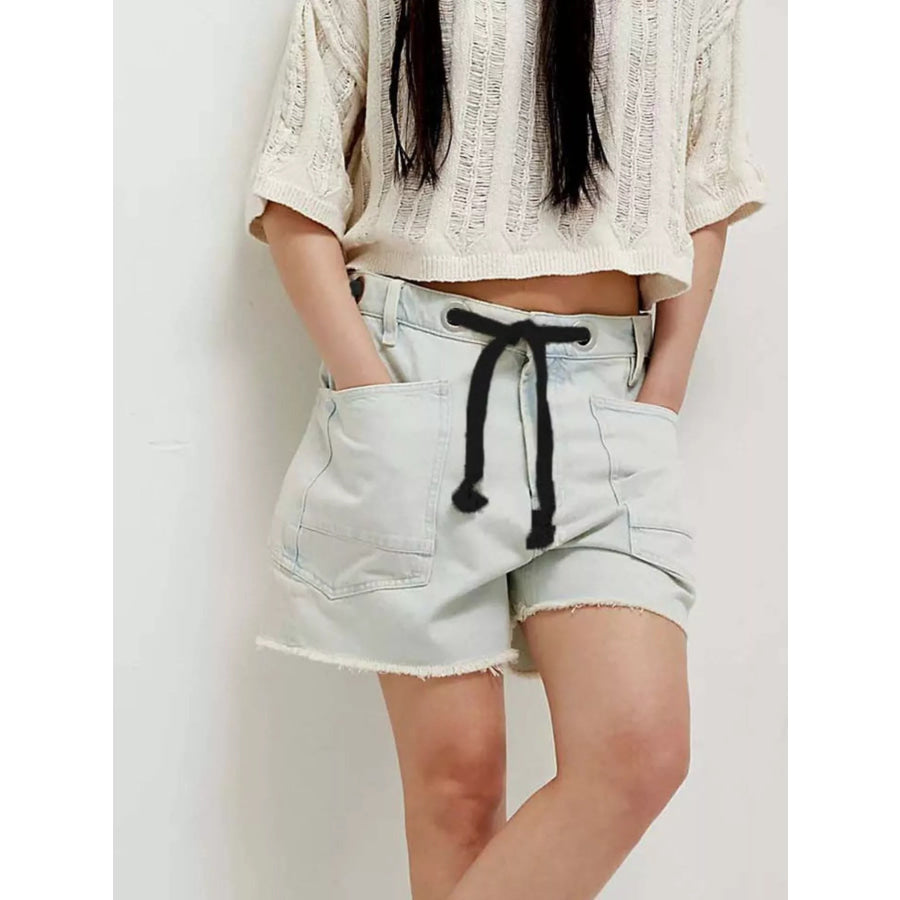 Drawstring Raw Hem Denim Shorts Apparel and Accessories