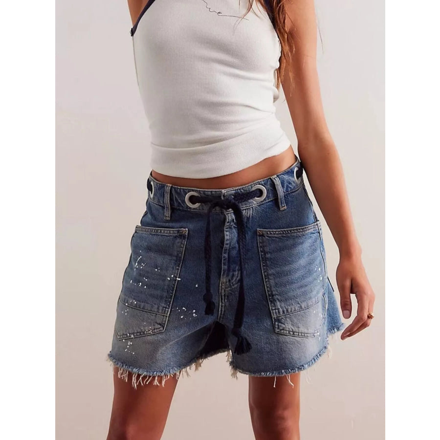 Drawstring Raw Hem Denim Shorts Apparel and Accessories