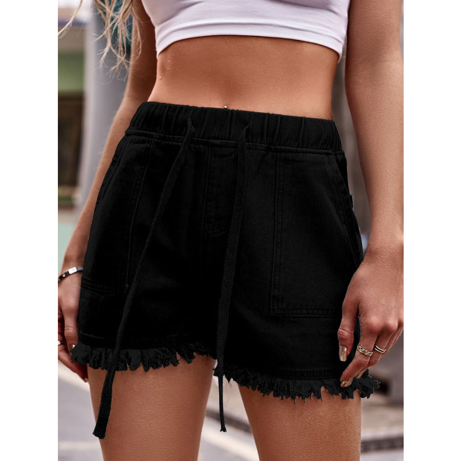 Drawstring Raw Hem Denim Shorts Black / S