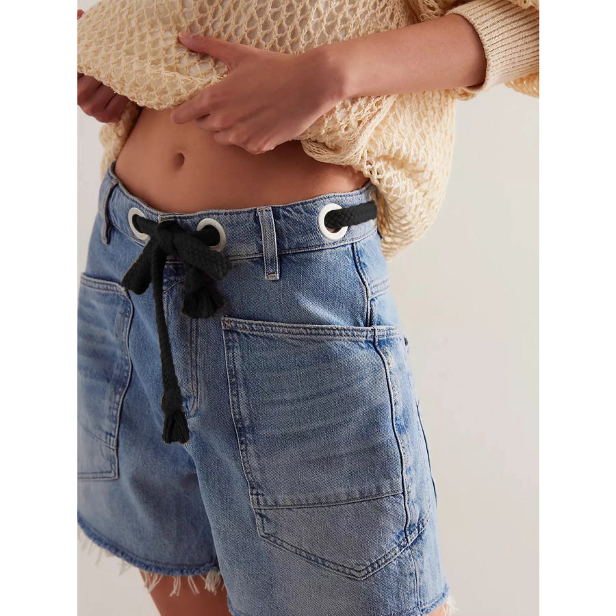Drawstring Raw Hem Denim Shorts Dark Blue / S Apparel and Accessories