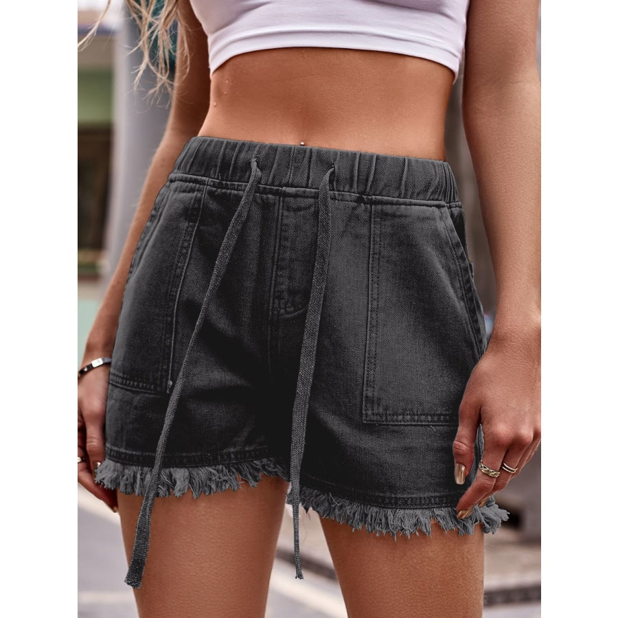 Drawstring Raw Hem Denim Shorts Dark Gray / S