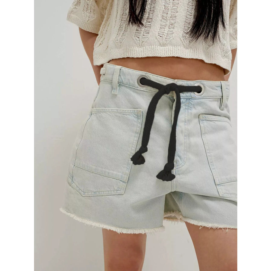 Drawstring Raw Hem Denim Shorts Light Blue / S Apparel and Accessories