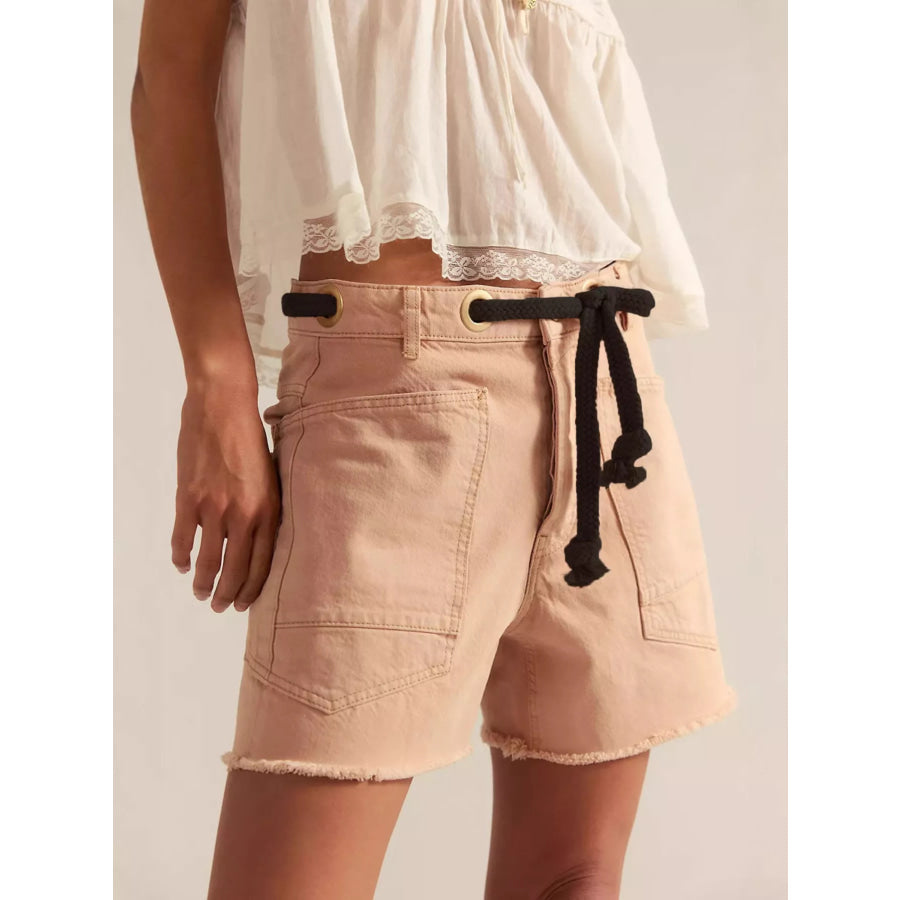 Drawstring Raw Hem Denim Shorts Orange / S Apparel and Accessories