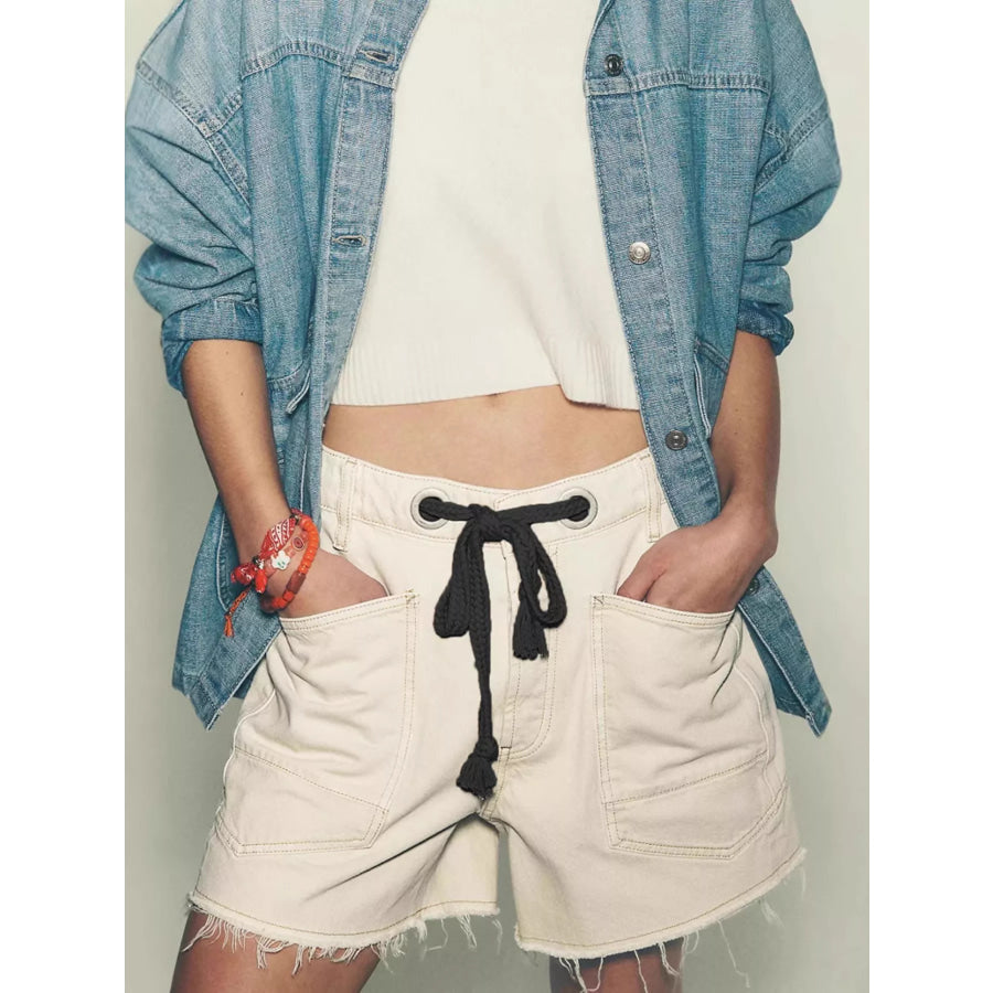 Drawstring Raw Hem Denim Shorts White / S Apparel and Accessories