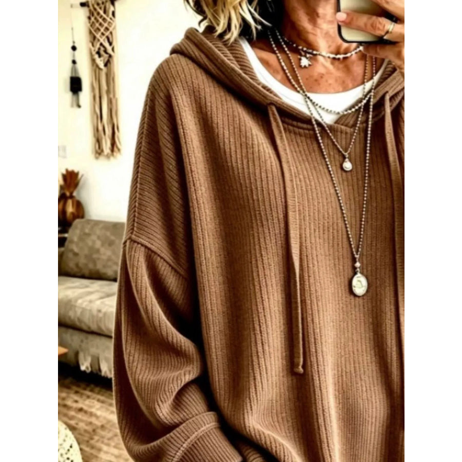 Drawstring Ribbed Knit Hoodie Apparel and Accessories