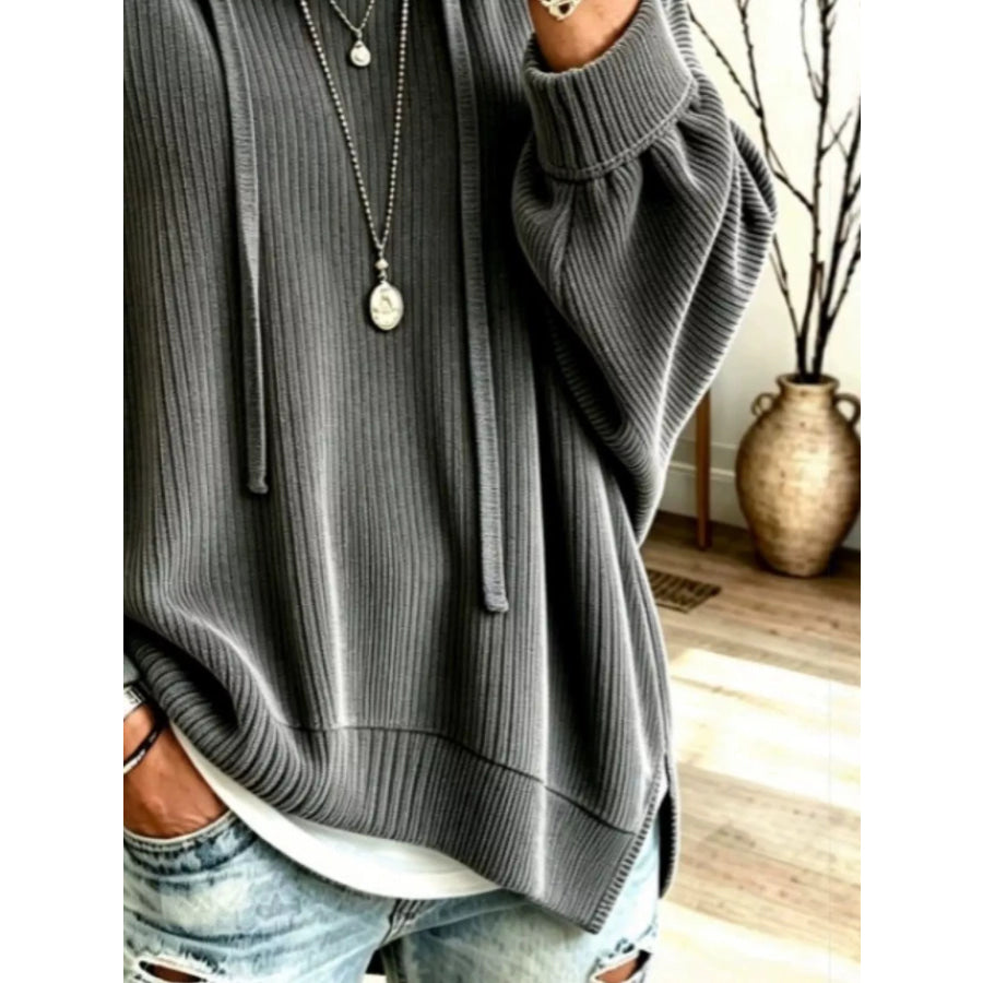 Drawstring Ribbed Knit Hoodie Apparel and Accessories