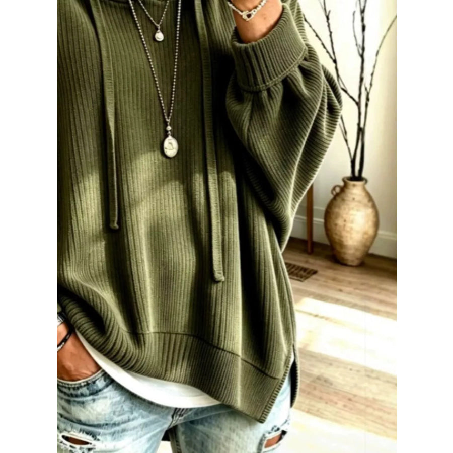 Drawstring Ribbed Knit Hoodie Apparel and Accessories