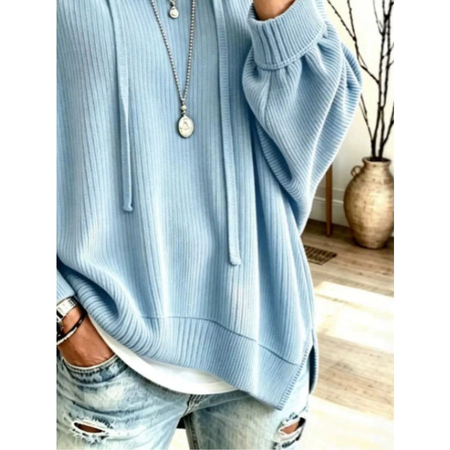 Drawstring Ribbed Knit Hoodie Apparel and Accessories
