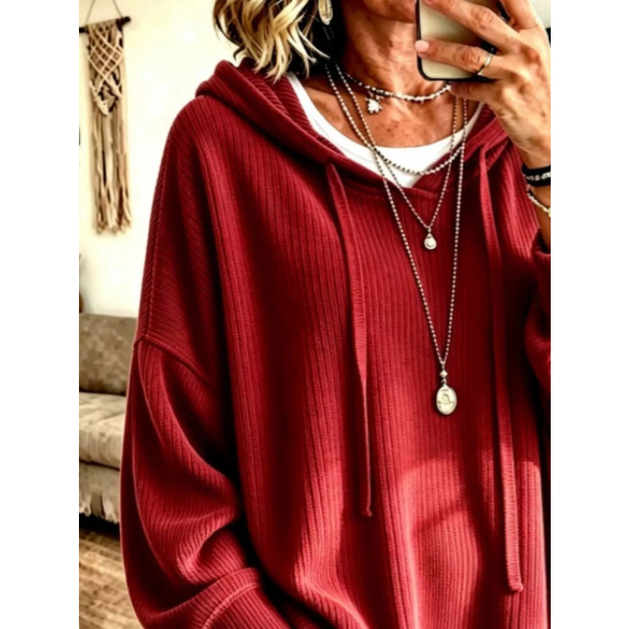 Drawstring Ribbed Knit Hoodie Apparel and Accessories