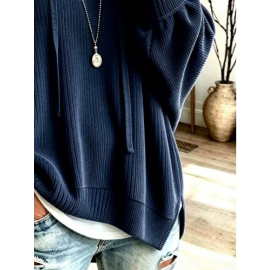 Drawstring Ribbed Knit Hoodie Apparel and Accessories