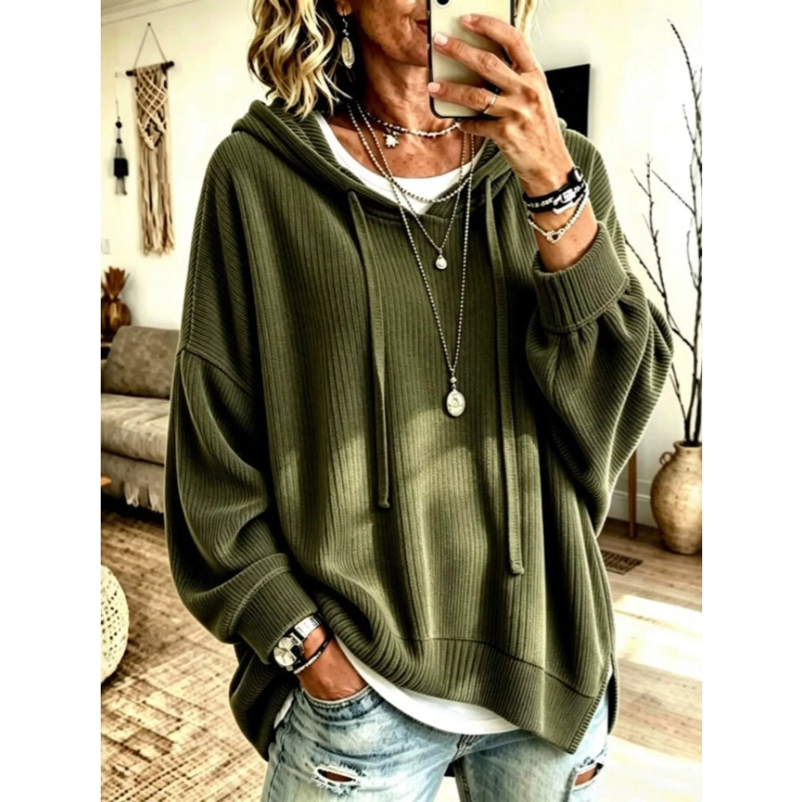 Drawstring Ribbed Knit Hoodie Army Green / S Apparel and Accessories