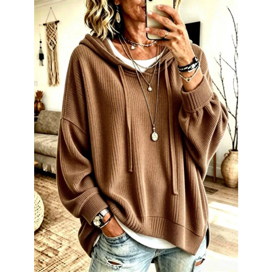 Drawstring Ribbed Knit Hoodie Khaki / S Apparel and Accessories