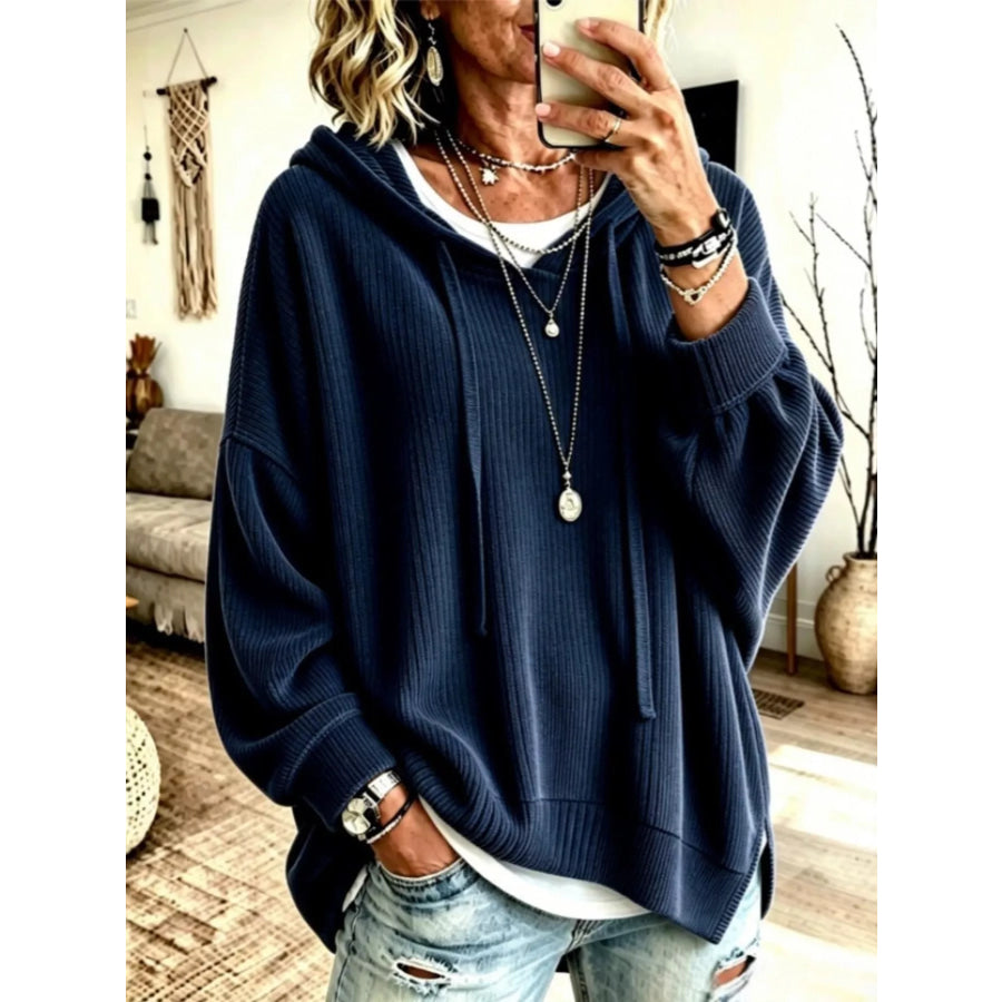 Drawstring Ribbed Knit Hoodie Navy / S Apparel and Accessories