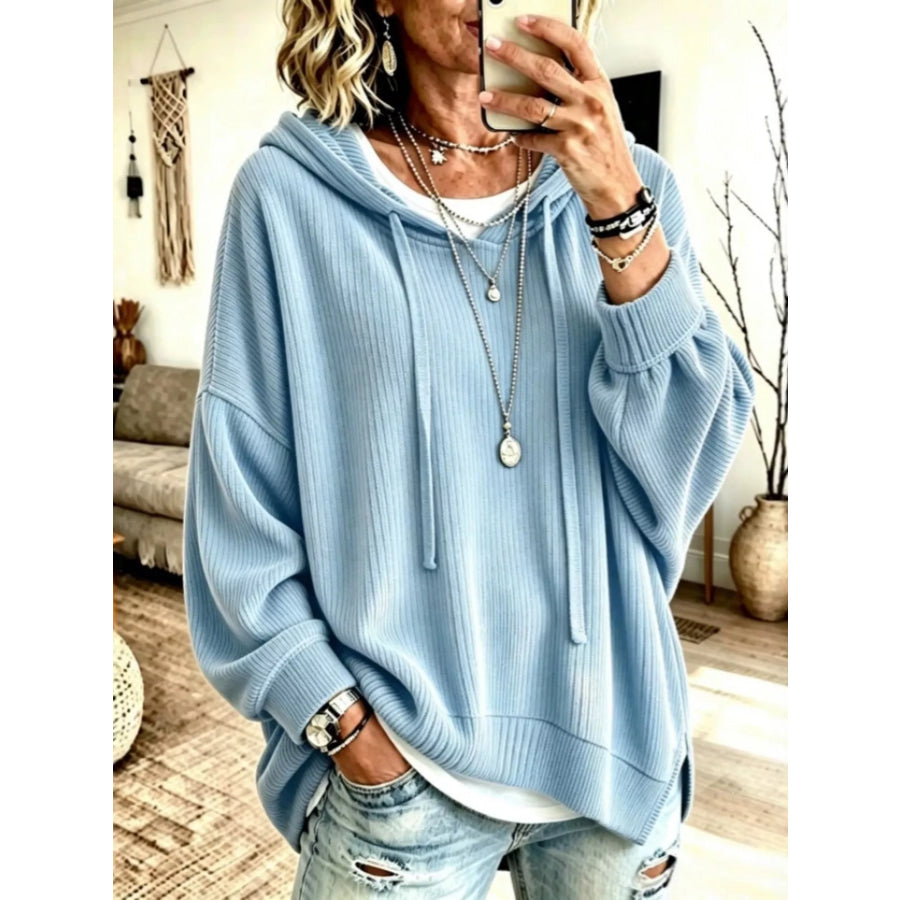 Drawstring Ribbed Knit Hoodie Sky Blue / S Apparel and Accessories
