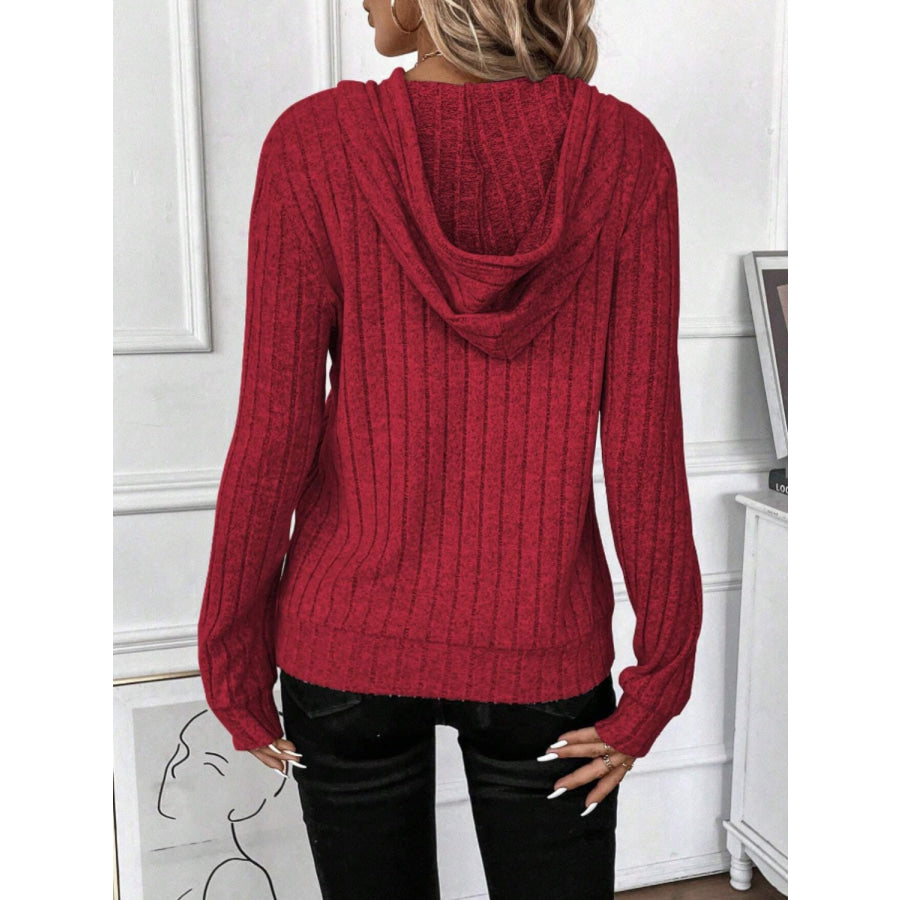 Drawstring Ribbed Long Sleeve Hoodie Scarlet / S Apparel and Accessories