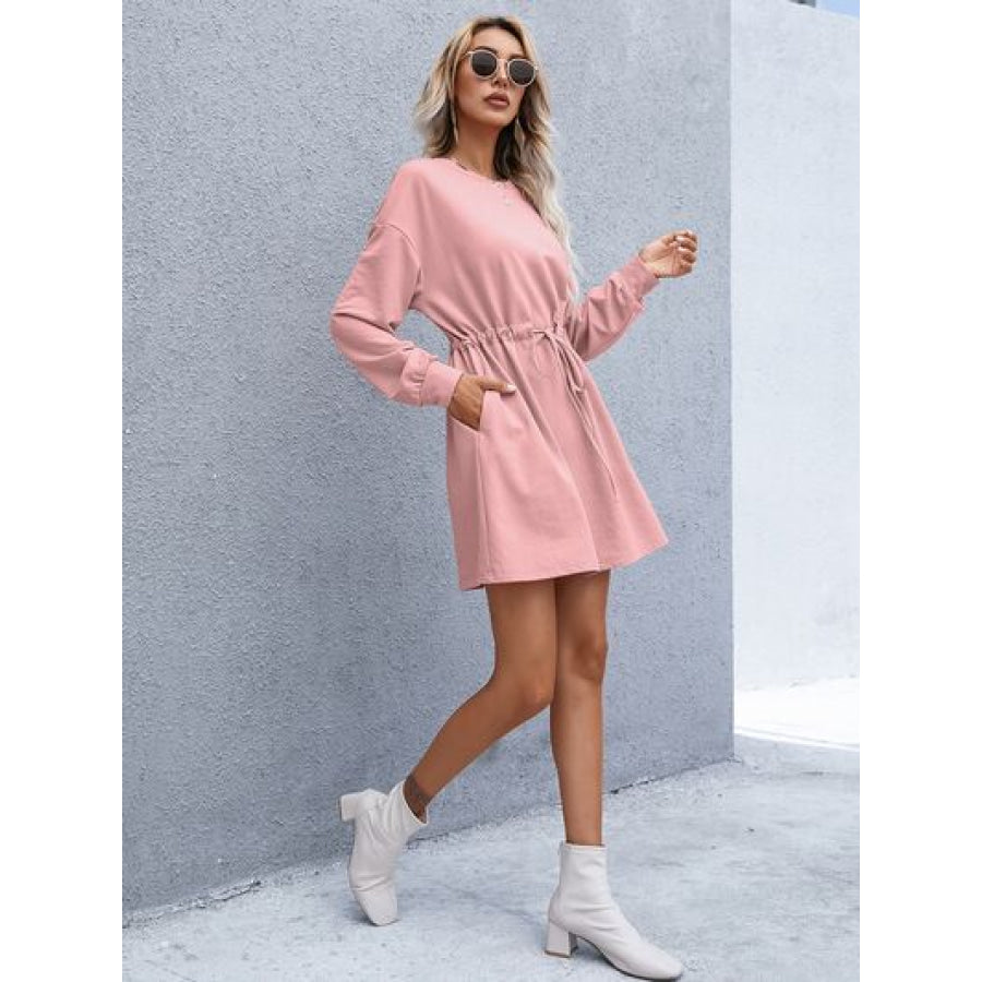 Drawstring Round Neck Dropped Shoulder Mini Dress Apparel and Accessories