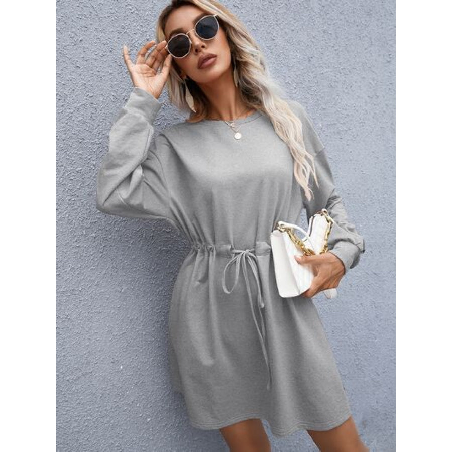 Drawstring Round Neck Dropped Shoulder Mini Dress Apparel and Accessories