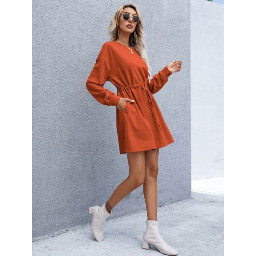 Drawstring Round Neck Dropped Shoulder Mini Dress Apparel and Accessories