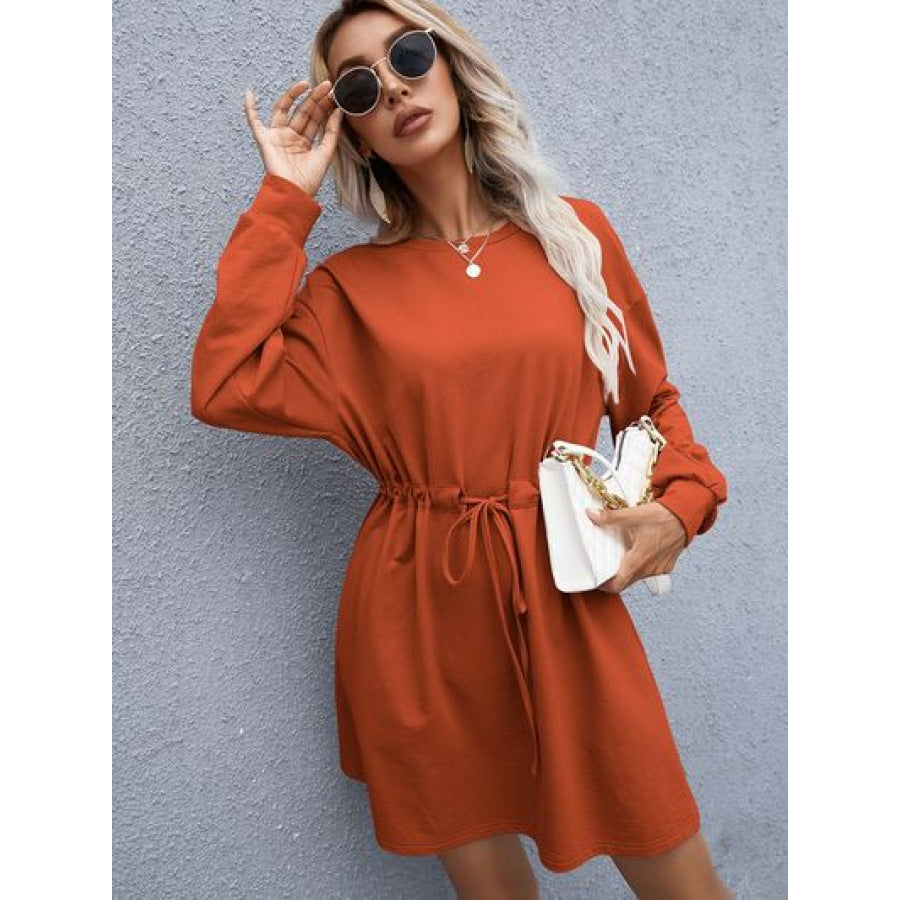 Drawstring Round Neck Dropped Shoulder Mini Dress Apparel and Accessories