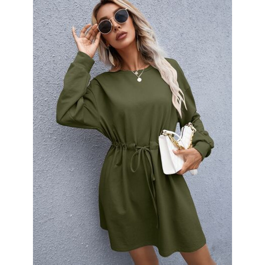 Drawstring Round Neck Dropped Shoulder Mini Dress Apparel and Accessories