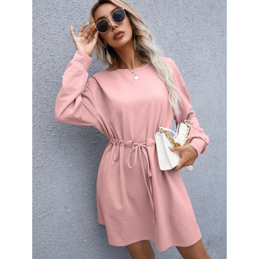 Drawstring Round Neck Dropped Shoulder Mini Dress Apparel and Accessories