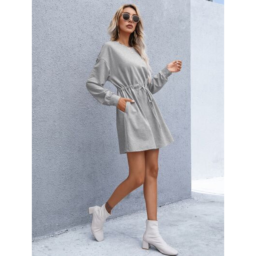 Drawstring Round Neck Dropped Shoulder Mini Dress Apparel and Accessories