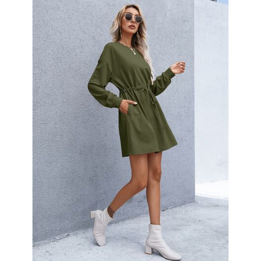 Drawstring Round Neck Dropped Shoulder Mini Dress Apparel and Accessories