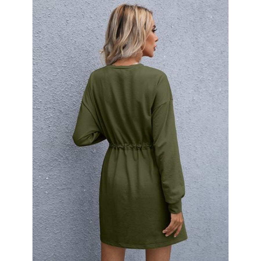 Drawstring Round Neck Dropped Shoulder Mini Dress Apparel and Accessories