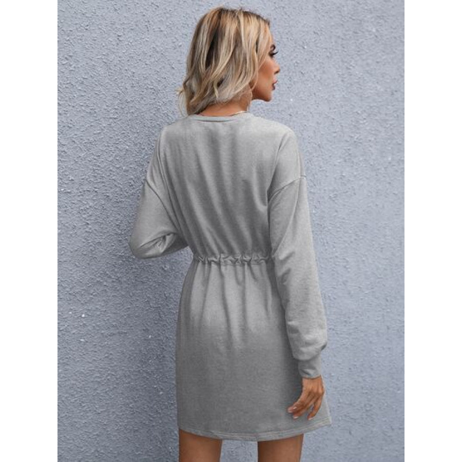 Drawstring Round Neck Dropped Shoulder Mini Dress Apparel and Accessories