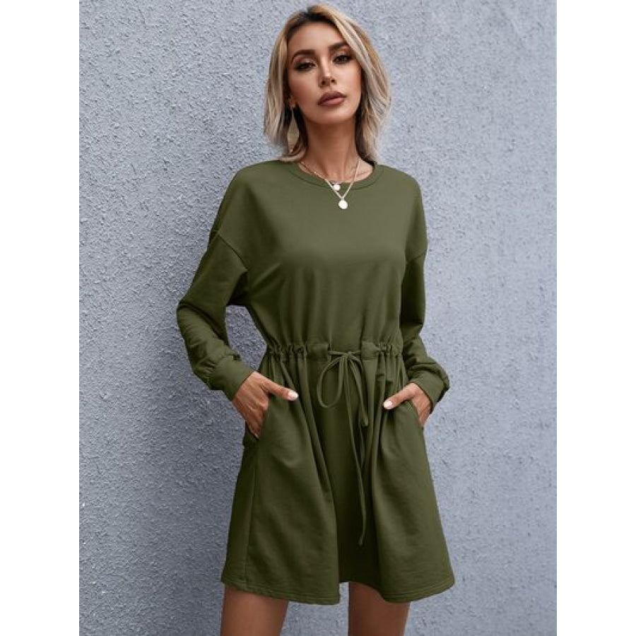 Drawstring Round Neck Dropped Shoulder Mini Dress Army Green / S Apparel and Accessories