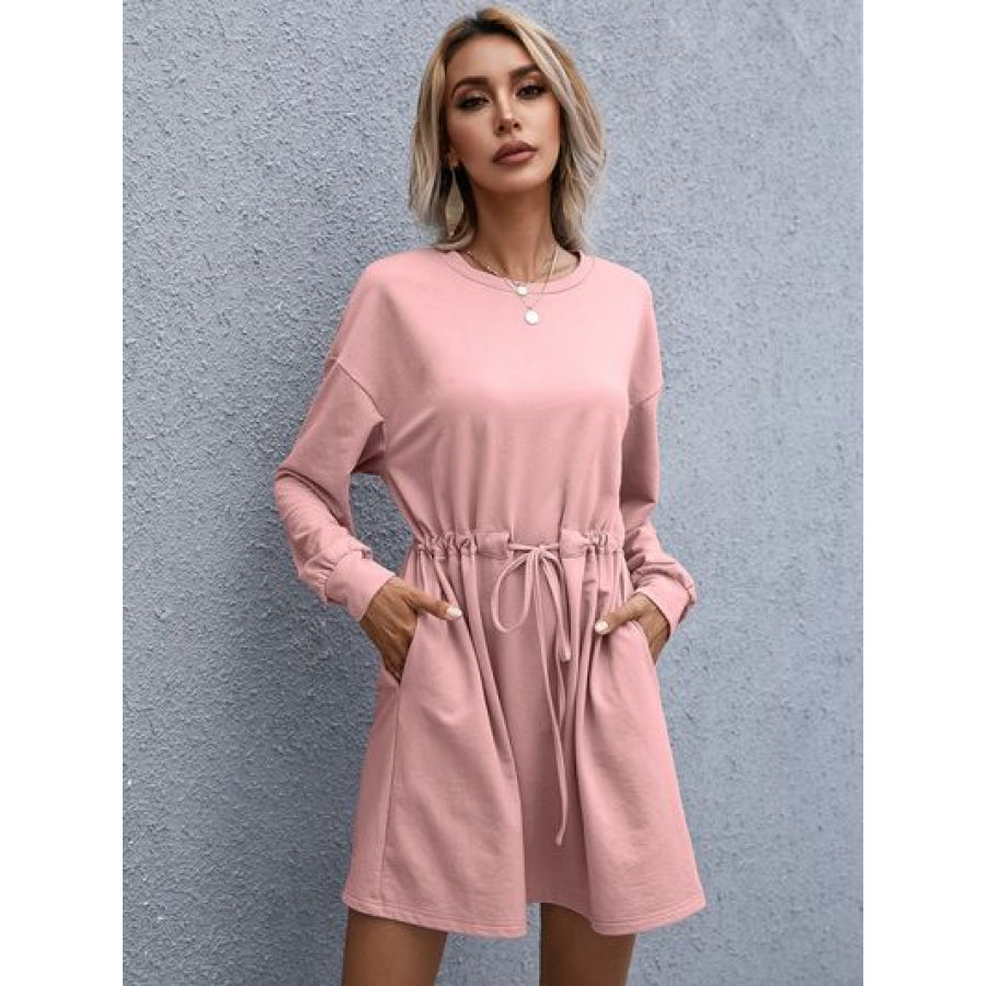 Drawstring Round Neck Dropped Shoulder Mini Dress Blush Pink / S Apparel and Accessories