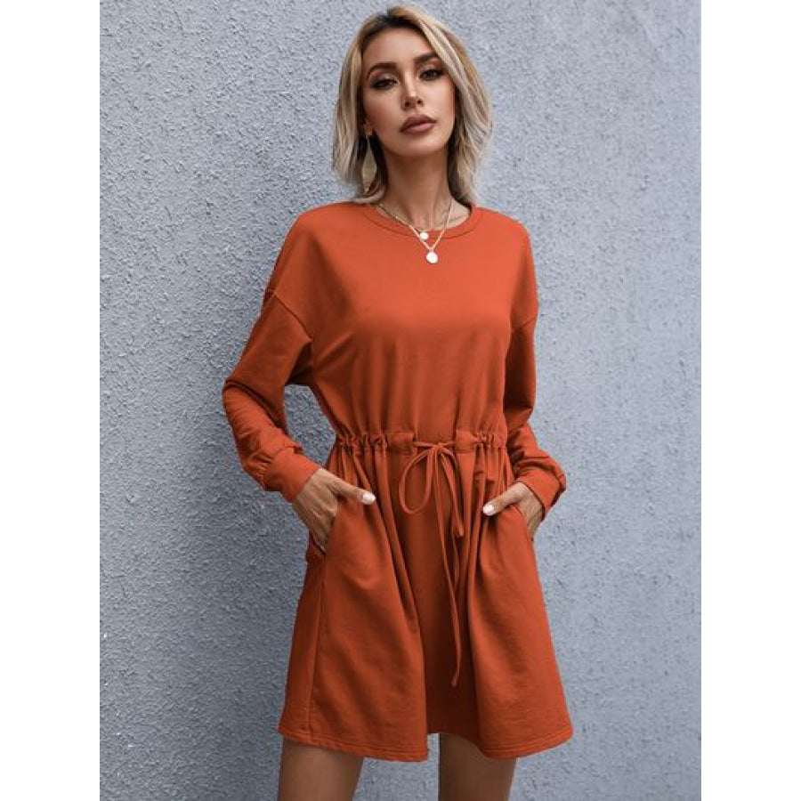 Drawstring Round Neck Dropped Shoulder Mini Dress Brick Red / S Apparel and Accessories