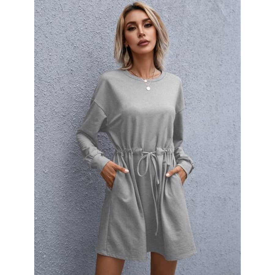 Drawstring Round Neck Dropped Shoulder Mini Dress Light Gray / S Apparel and Accessories