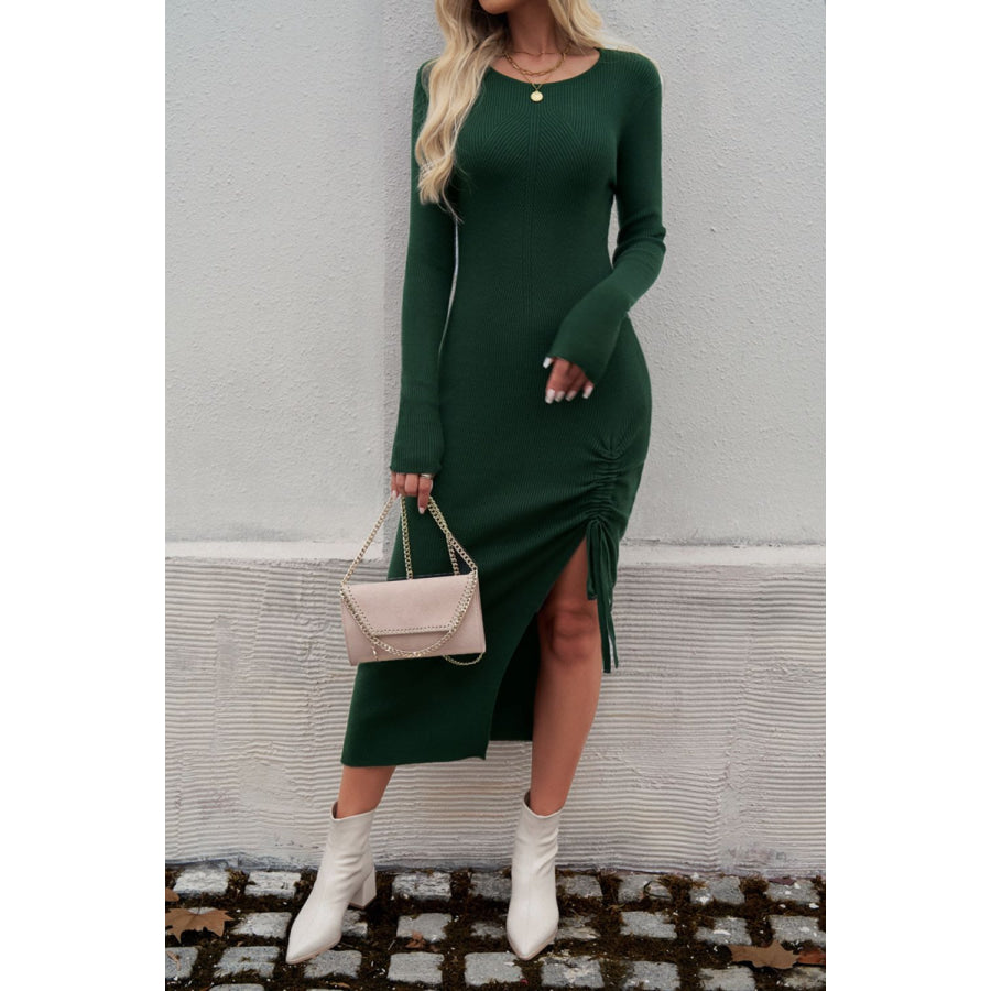 Drawstring Round Neck Long Sleeve Midi Dress Apparel and Accessories