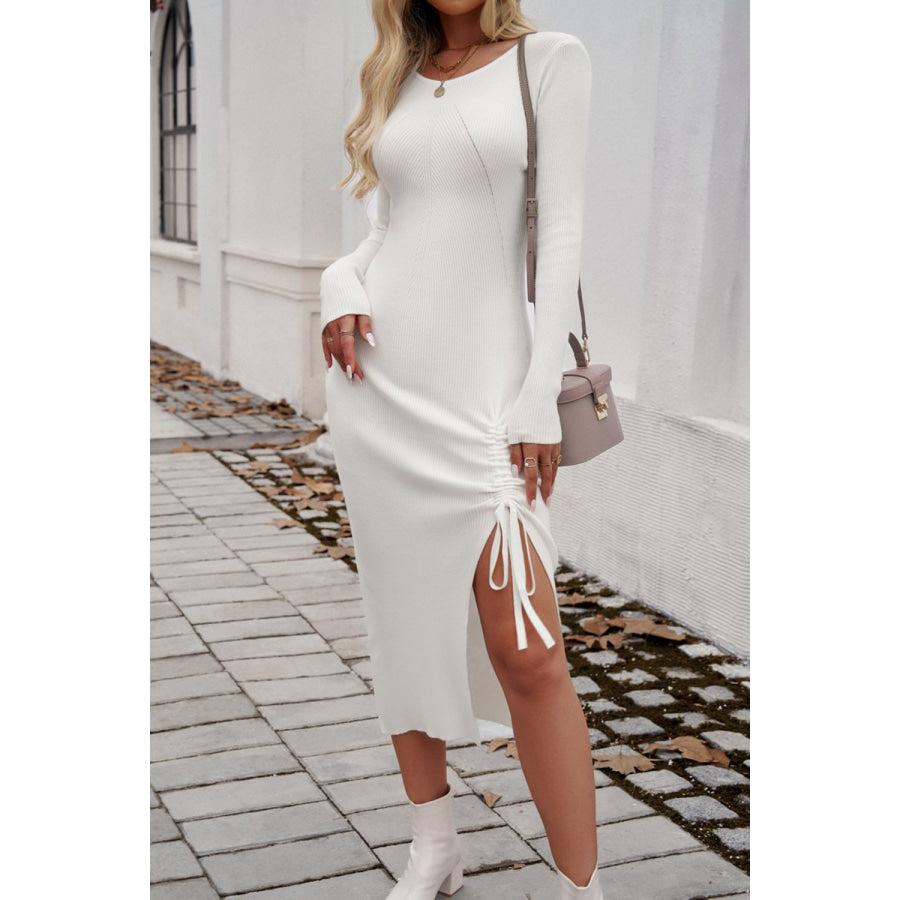 Drawstring Round Neck Long Sleeve Midi Dress Apparel and Accessories