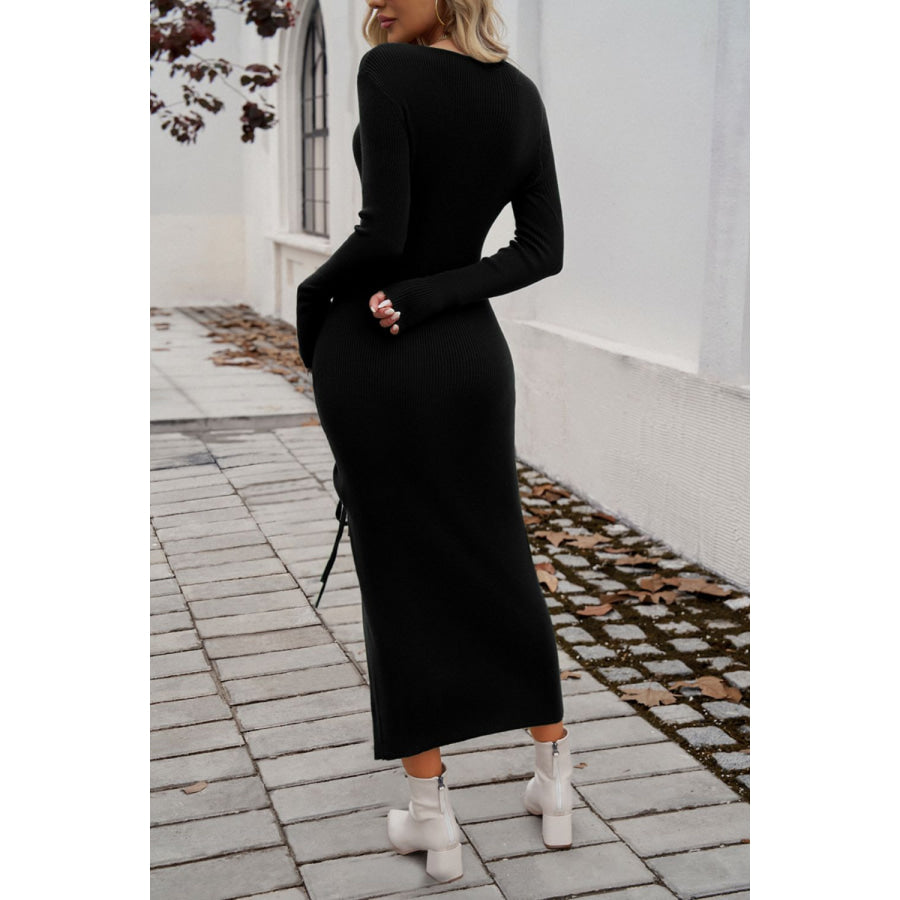 Drawstring Round Neck Long Sleeve Midi Dress Apparel and Accessories