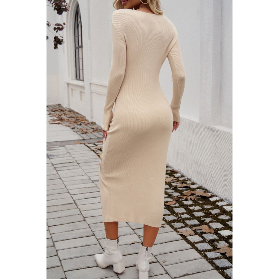 Drawstring Round Neck Long Sleeve Midi Dress Apparel and Accessories