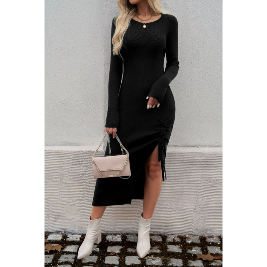 Drawstring Round Neck Long Sleeve Midi Dress Black / S Apparel and Accessories