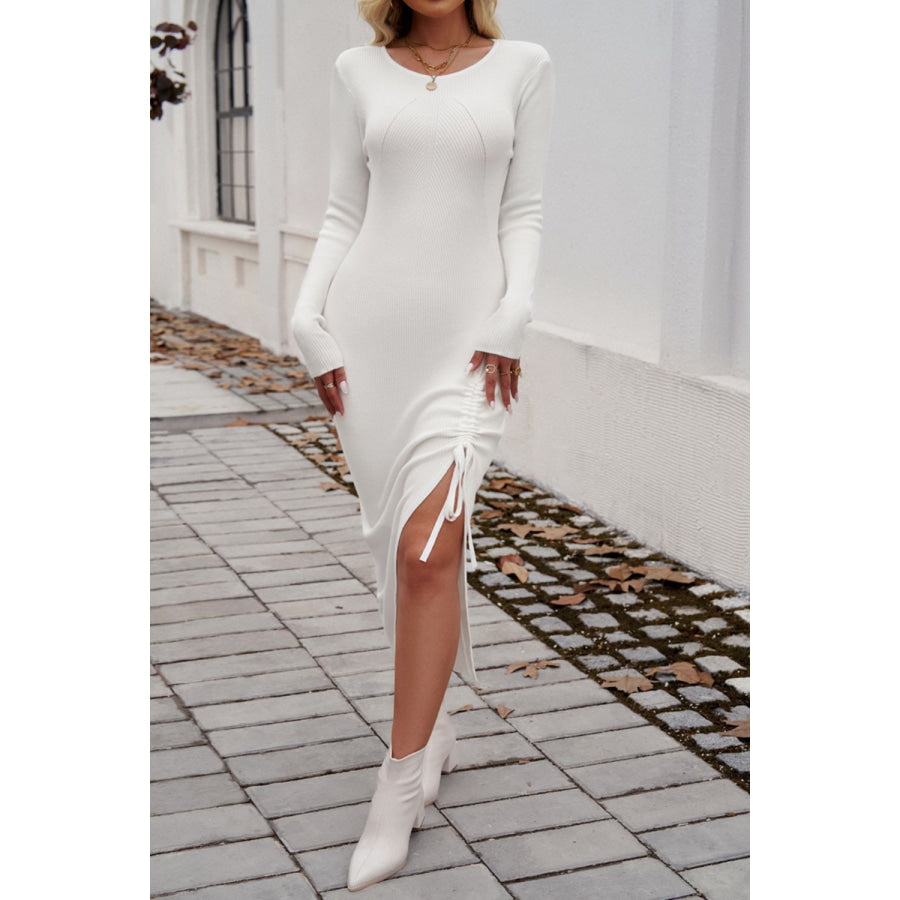 Drawstring Round Neck Long Sleeve Midi Dress White / S Apparel and Accessories