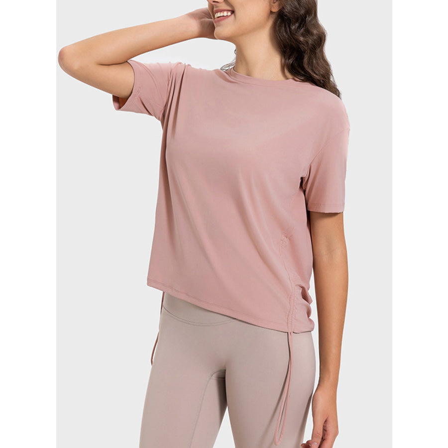 Drawstring Round Neck Short Sleeve Active T-Shirt Apparel and Accessories