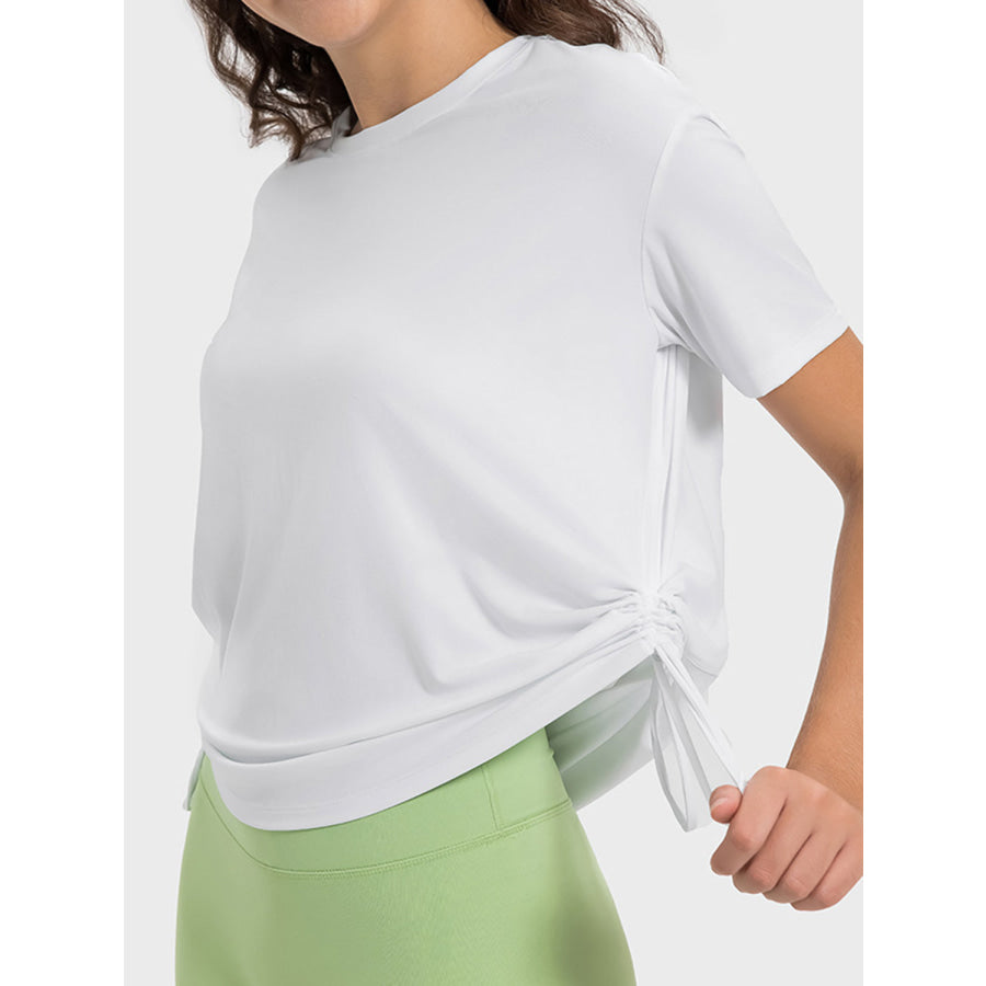 Drawstring Round Neck Short Sleeve Active T-Shirt Apparel and Accessories